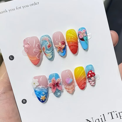 New Handmade 3D Embossed Press-On Nails, Gradient Shell Starfish Floral Design, Elegant & Skin-Flattering