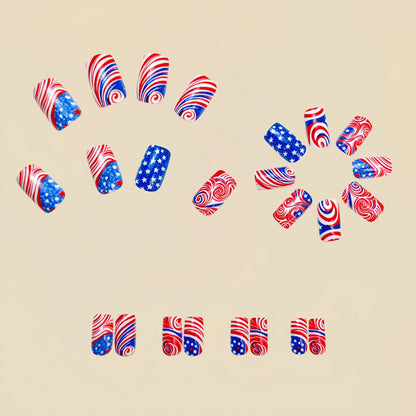 24pcs/set Short Medium square ballet fake nails tip for American Independence Day blue red flowers star flag press on false nail