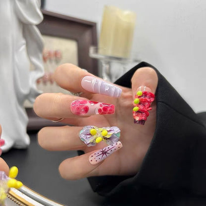 Handmade 3D Floral Press-On Nails, Dopamine Burst Design, Tropical Floral Style