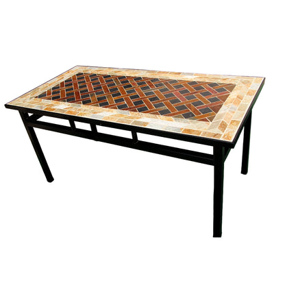 Large rectangular garden stone table, patio furniture, barbecue table, outdoor furniture, coffee and tea table, hard stone mosaic tabletop, wrought iron table frame with black paint finish.