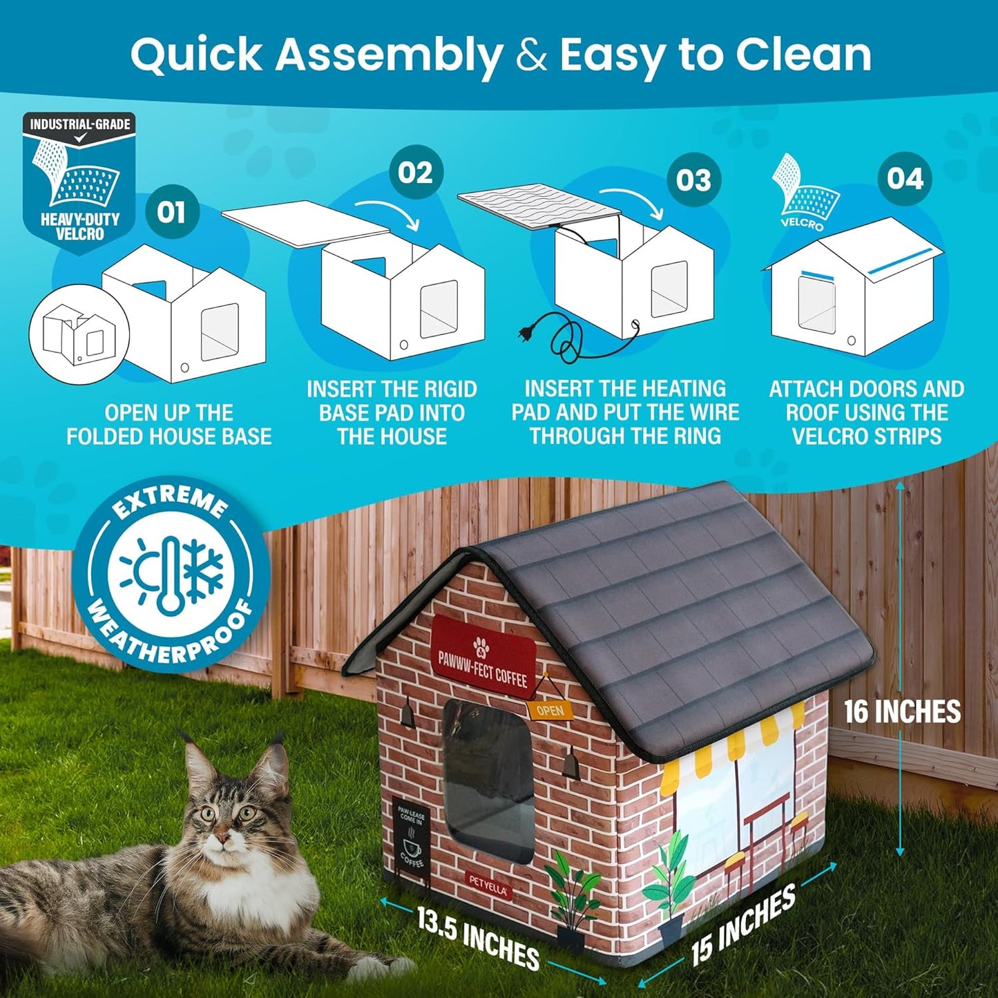 Deluxe Heated Cat House For Winter | Weatherproof & Insulated | Easy Assembly | Cat Heating Pad | Dual Escape Doors | Outdoor & Indoor Use | Blue Tiles Pethouse