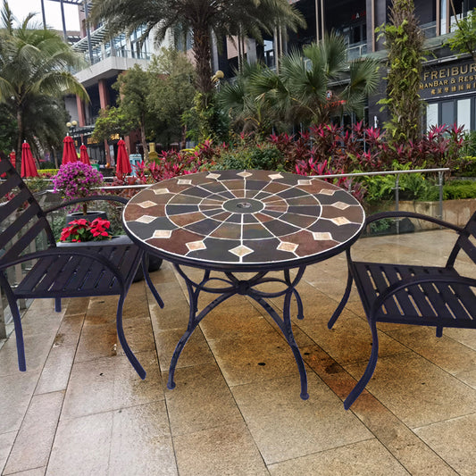 Garden Stone Large Round Table | Colorful Collage Art Tabletop, Creating a Cozy Outdoor Space