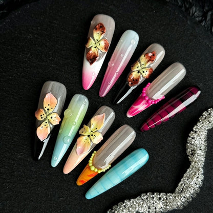 Hand-Painted 3D Carved Press-On Nails, Luxury Summer Macaron Finished Nail Stickers