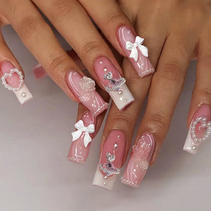 24-Piece French-Style Butterfly Icing Crystal Flower Wearable Nails | Gentle Whitening Sweet Versatile Euro-American Detachable Nail Slices