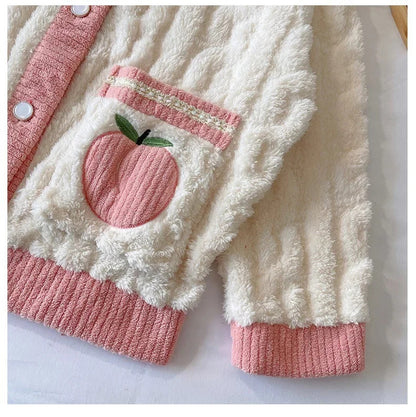 Thickened warm pink peach coral velvet 2-piece set sweet sleepwear casual wear winter women's cardigan pajamas fashion home wear