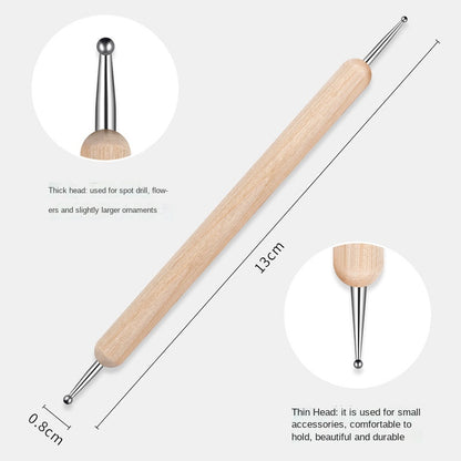 5pc Professional 2 ways Nail Art Dotting Pen Wood Steel DIY Dotting Pens Rhinestones Gem Picker Manicure Tools