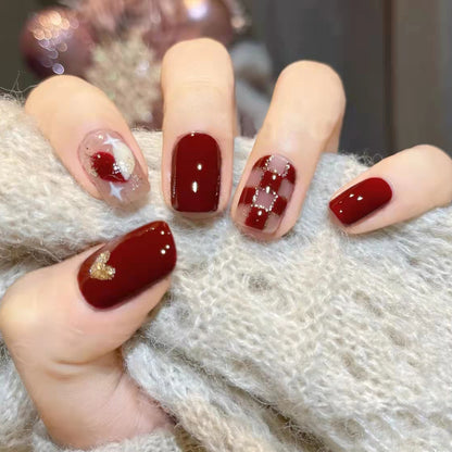 24Pcs Wearable Removable False Nails | Red Sweetheart Whitening Chessboard Love Nail Art Stickers
