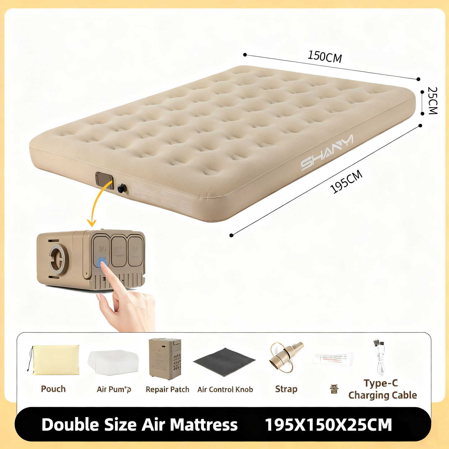 2-Person Flocked Air Mattress Set | 195×150×25cm Dimensions | Electric Pump Included | Full Kit (Bags Pillows Patches)