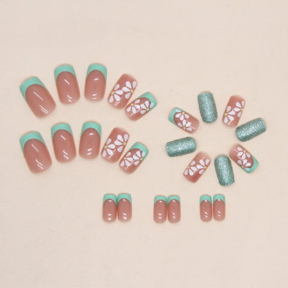 4 Packs/96 Pcs Medium-Long Square Blue-Green Butterfly Nail Set | Fresh Natural with Gold Lines (Casual Daily Wear)