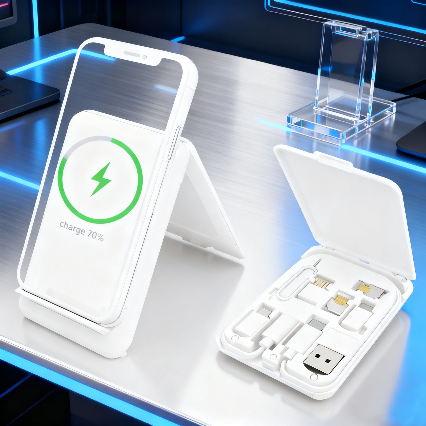 9 In 1 Fast Wireless Charger Stand Multi Cable Adapter Needle Card Storage Box