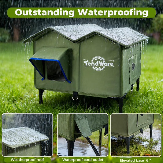 Outdoor Heated Cat House | Elevated Base | Cat-Attracting Eave Design | Feral Stray Shelter | Weatherproof For Winter | Garage Yard Porch Use | Size L