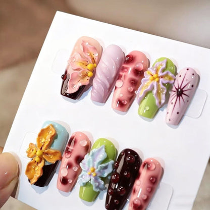 Handmade Devil Flower Painted 3D Carved Press-On Nails, Tropical Vacation Style for Hot Girls