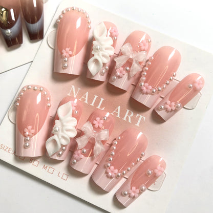 3-Piece Set 36 Nail Tips Set | Gradient Fantasy Nude Pink Press-On Nails | Flower Pearl Metal Decoration