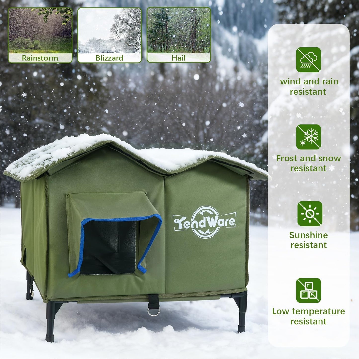 Outdoor Heated Cat House | Elevated Base | Cat-Attracting Eave Design | Feral Stray Shelter | Weatherproof For Winter | Garage Yard Porch Use | Size L