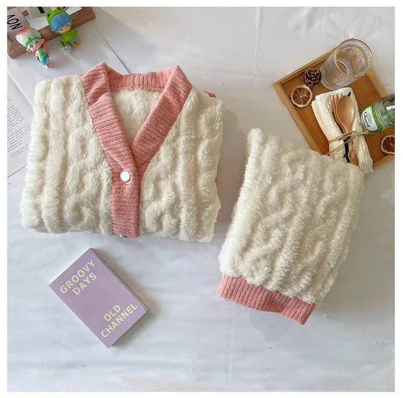 Thickened warm pink peach coral velvet 2-piece set sweet sleepwear casual wear winter women's cardigan pajamas fashion home wear