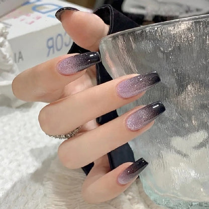 24-Piece Almond Black Butterfly Pearl Gradient Press-On Nails | Edgy Elegant Wearable Nail Art