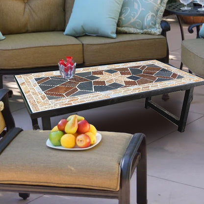 Art Collage Mosaic Stone Long Coffee Table | An Outdoor Exquisite Tea Table | Patio Furniture Barbecue Table Coffee Table | Wrought Iron Table Frame with Black Paint Finish.