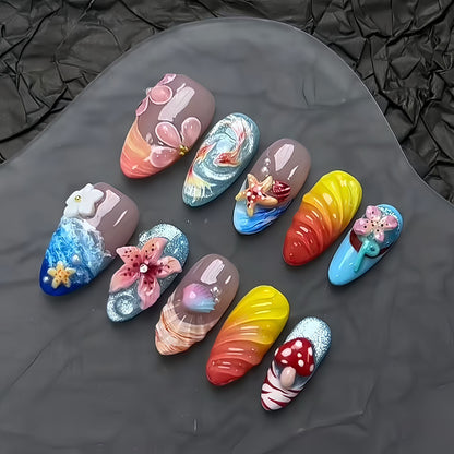 New Handmade 3D Embossed Press-On Nails, Gradient Shell Starfish Floral Design, Elegant & Skin-Flattering