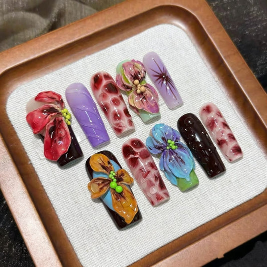 莫奈花园高级感穿戴甲 3D立体浮雕鸢尾花晕染款小众艺术感美甲