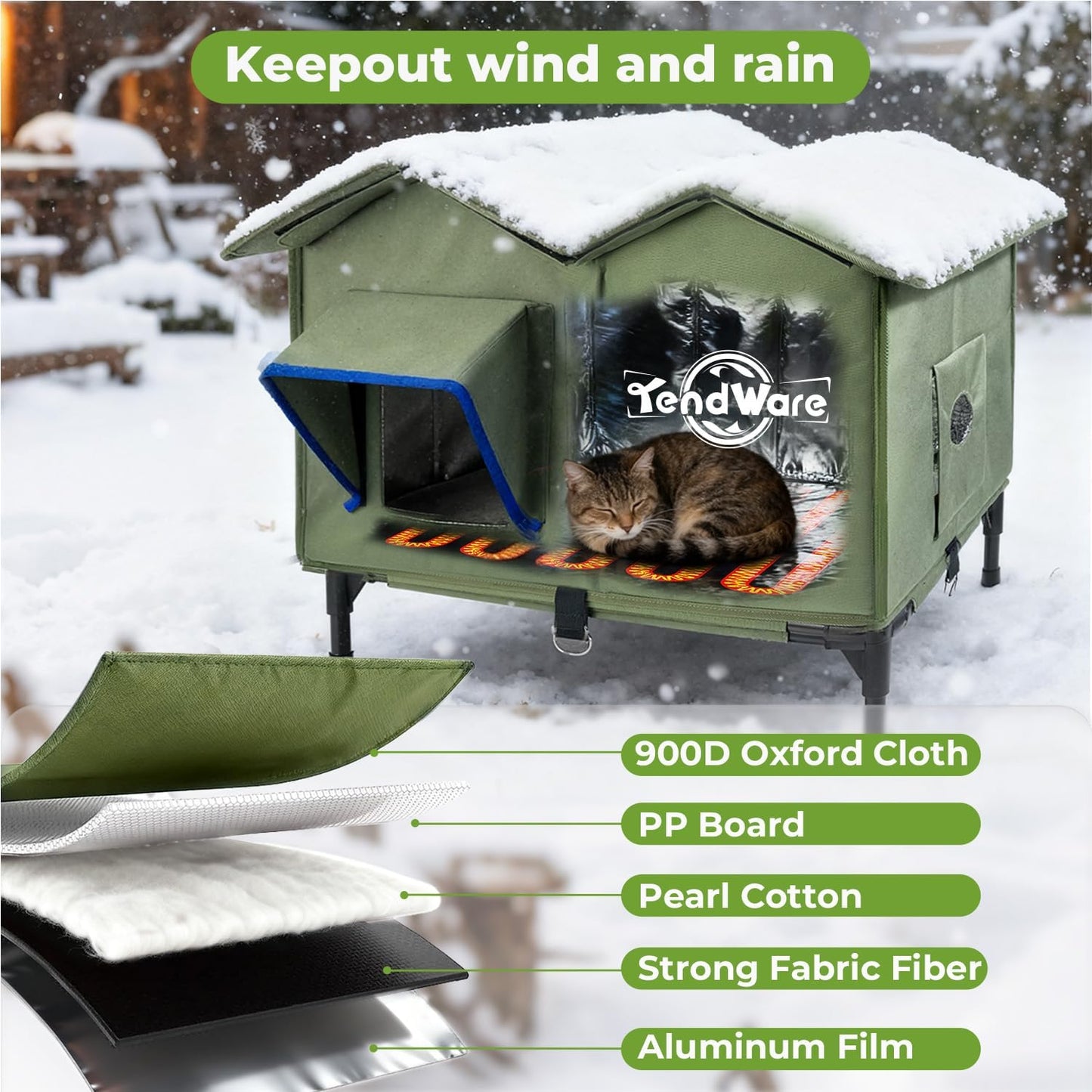 Outdoor Heated Cat House | Elevated Base | Cat-Attracting Eave Design | Feral Stray Shelter | Weatherproof For Winter | Garage Yard Porch Use | Size L
