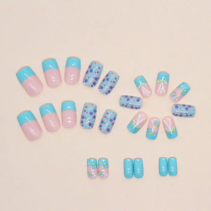 4 Packs/96 Pcs Medium-Long Square Blue-Green Butterfly Nail Set | Fresh Natural with Gold Lines (Casual Daily Wear)
