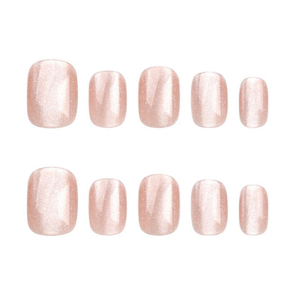 24 Pieces/Set Fashion Short Round Pink Cat Eye Full Cover Fake Nails | French Detachable Salon Nail Tips