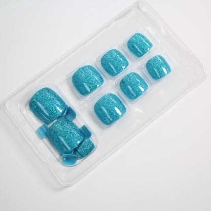 24-Piece Holiday-Inspired Blue Glitter Toenails | Rhinestone-Embellished Press-On Toenail Set