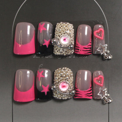 8-piece Set Mixed Style 3D Rhinestone & Charm Press On Nails Set - Reusable Artificial Fake Nails for Daily & Party Wear
