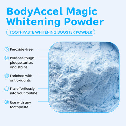 Whitening tooth powder, teeth whitening, oral care, whitening effect, teeth cleaning, stain removal, natural ingredients, fine powder texture, fresh breath, used in the morning and evening to enhance appearance, convenient packaging.