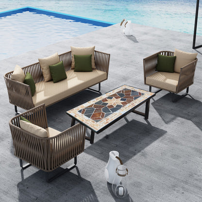 Art Collage Mosaic Stone Long Coffee Table | An Outdoor Exquisite Tea Table | Patio Furniture Barbecue Table Coffee Table | Wrought Iron Table Frame with Black Paint Finish.