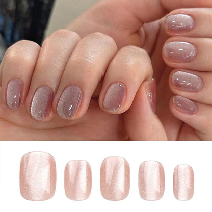 24 Pieces/Set Fashion Short Round Pink Cat Eye Full Cover Fake Nails | French Detachable Salon Nail Tips