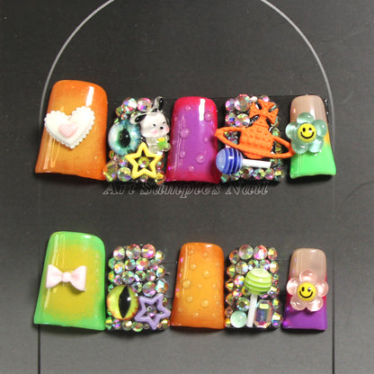 8-piece Set Mixed Style 3D Rhinestone & Charm Press On Nails Set - Reusable Artificial Fake Nails for Daily & Party Wear