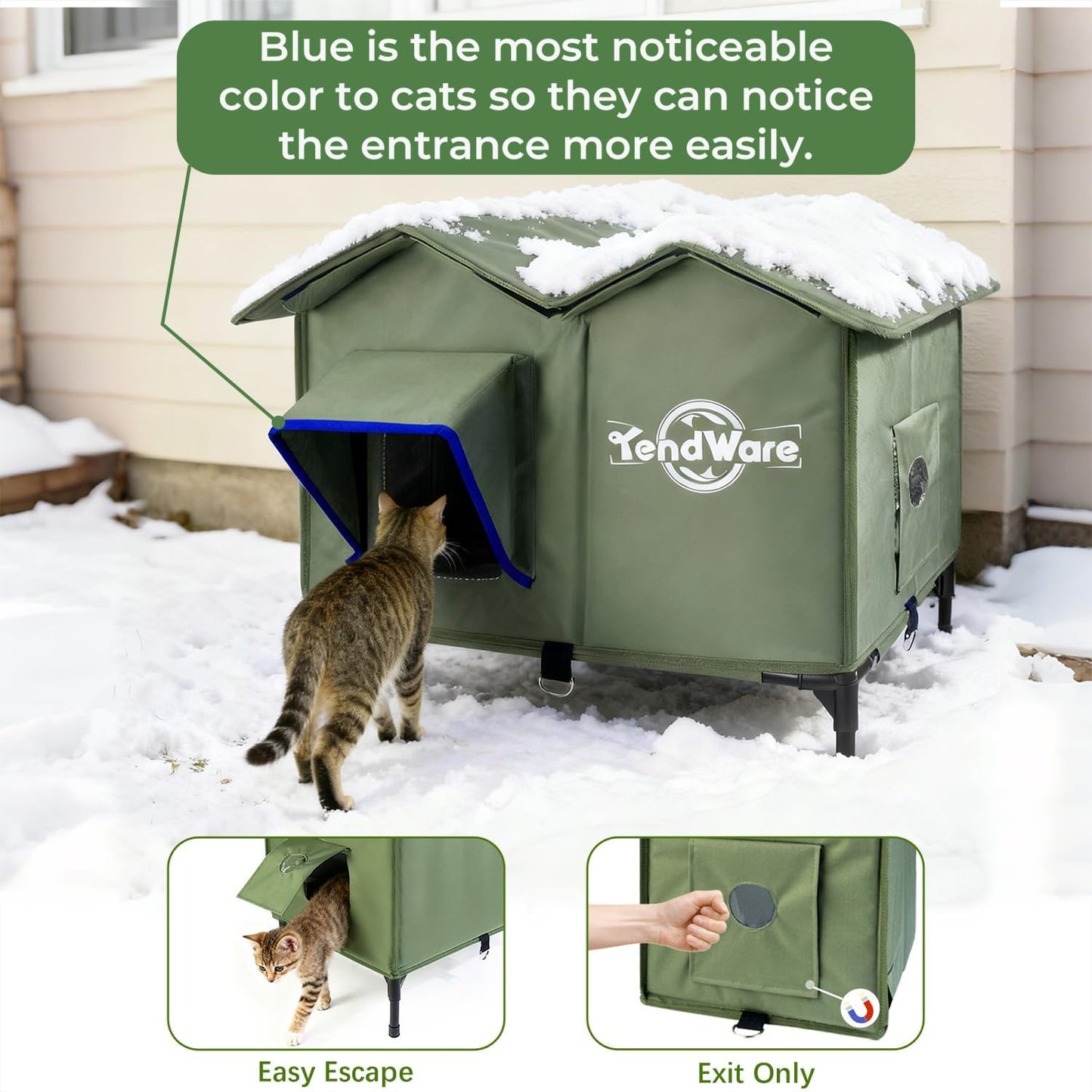 Outdoor Heated Cat House | Elevated Base | Cat-Attracting Eave Design | Feral Stray Shelter | Weatherproof For Winter | Garage Yard Porch Use | Size L