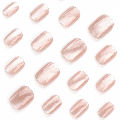 24 Pieces/Set Fashion Short Round Pink Cat Eye Full Cover Fake Nails | French Detachable Salon Nail Tips