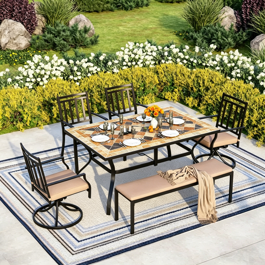 Large rectangular garden stone table, patio furniture, barbecue table, outdoor furniture, coffee and tea table, hard stone mosaic tabletop, wrought iron table frame with black paint finish.