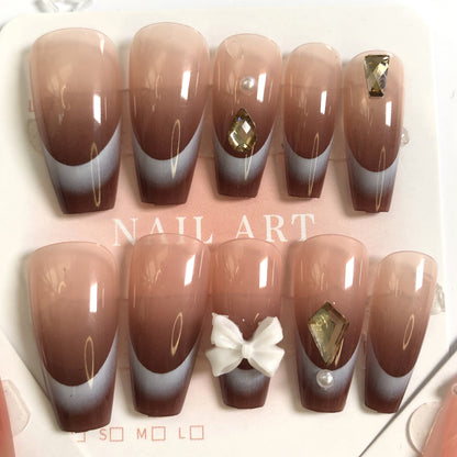 3-Piece Set 36 Nail Tips Set | Gradient Fantasy Nude Pink Press-On Nails | Flower Pearl Metal Decoration