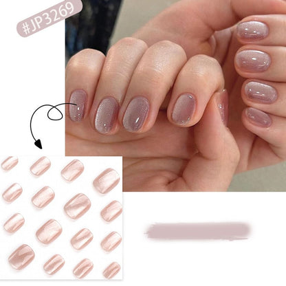 24 Pieces/Set Fashion Short Round Pink Cat Eye Full Cover Fake Nails | French Detachable Salon Nail Tips