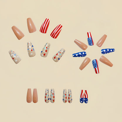 24pcs/set Short Medium square ballet fake nails tip for American Independence Day blue red flowers star flag press on false nail