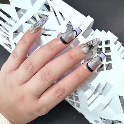 10-Piece Dreamy Purple-Black Geometric Wearable Nails | Mysterious Line Fingertip Fashion Nail Art