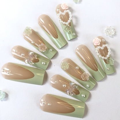 24 pcs Peach - Green Sweet Dream Wearable Manicure Fashionable handmade nail art