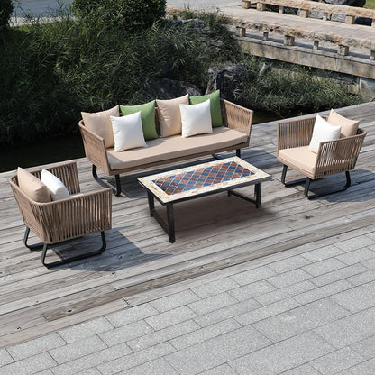 Art Collage Mosaic Stone Long Coffee Table | An Outdoor Exquisite Tea Table | Patio Furniture Barbecue Table Coffee Table | Wrought Iron Table Frame with Black Paint Finish.