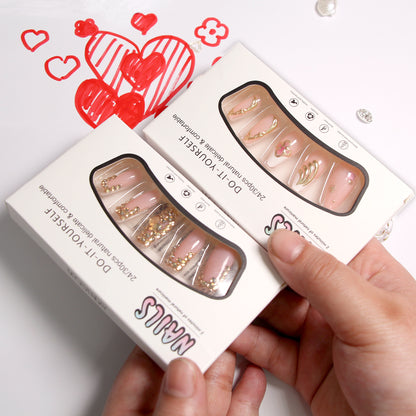2-piece Set 24 Nail Tips Elegant Pink Rhinestone  Accent Fashion Press-On Nails with Sparkle Details