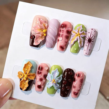 Handmade Devil Flower Painted 3D Carved Press-On Nails, Tropical Vacation Style for Hot Girls