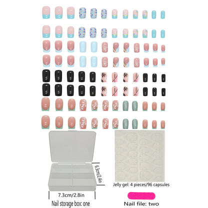 4 Packs/96 Pcs Medium-Long Square Blue-Green Butterfly Nail Set | Fresh Natural with Gold Lines (Casual Daily Wear)