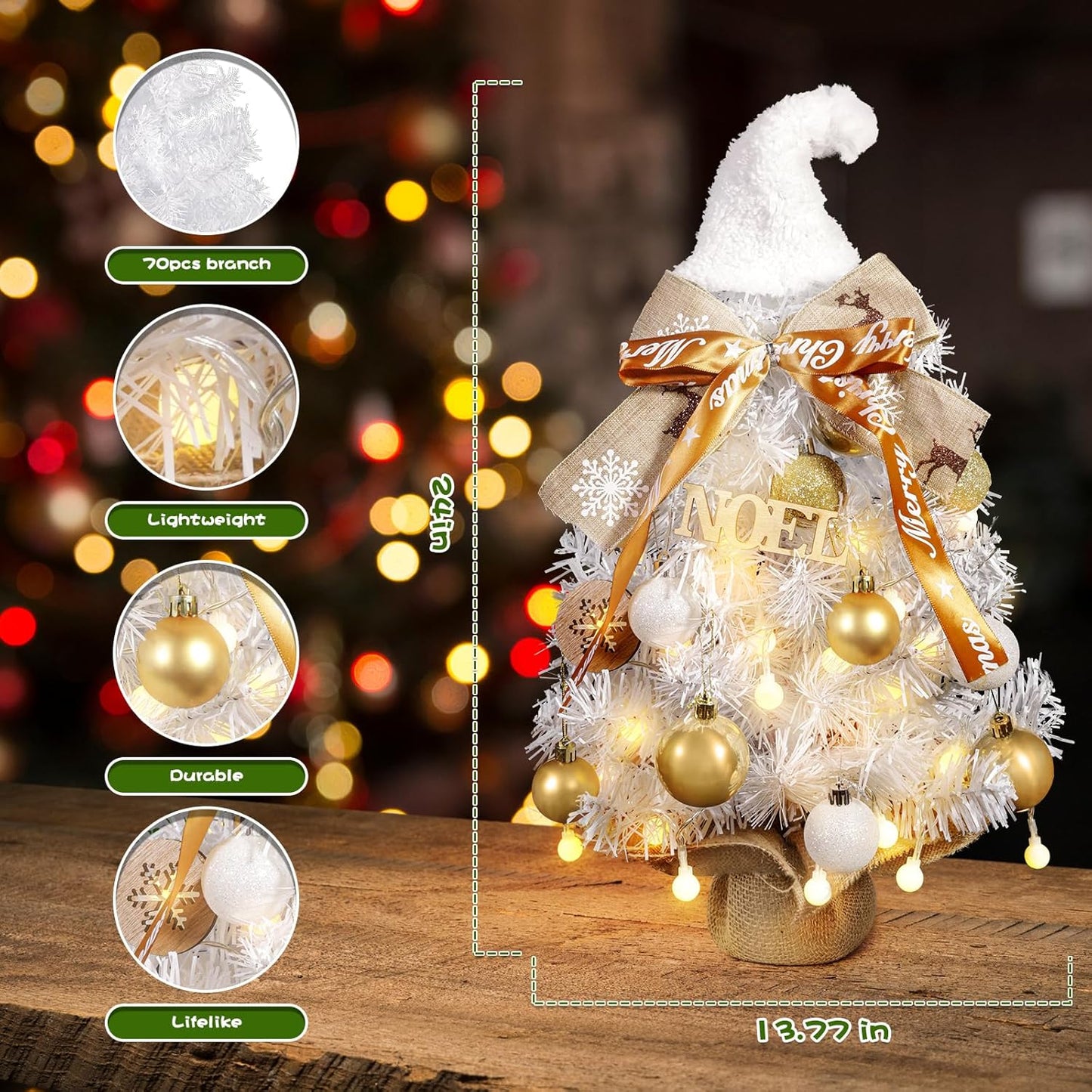 The 22-inch small Christmas tree has soft lighting with adjustable brightness. It is battery-powered and is suitable for indoor decoration, especially for bedroom decoration.