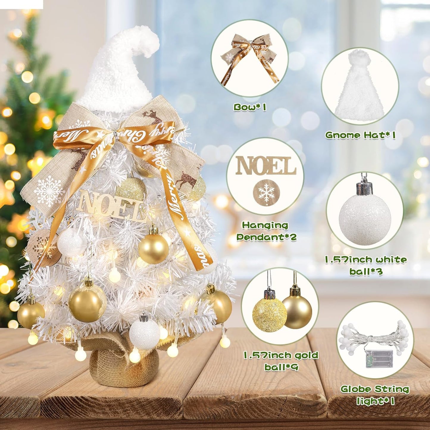 The 22-inch small Christmas tree has soft lighting with adjustable brightness. It is battery-powered and is suitable for indoor decoration, especially for bedroom decoration.