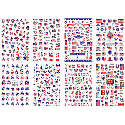 8 Sheets/lot Celebrate Independence Day USA America UK Flags Adhesive Nail Art Stickers Decals Manicure Ornaments Set