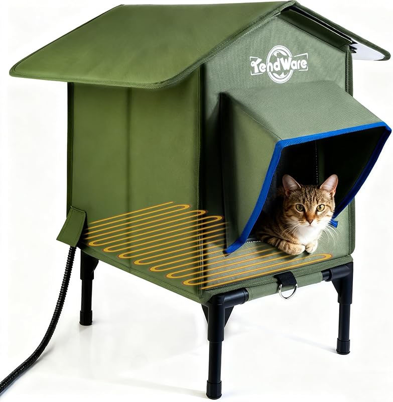 Outdoor Heated Cat House | Elevated Base | Cat-Attracting Eave Design | Feral Stray Shelter | Weatherproof For Winter | Garage Yard Porch Use | Size L