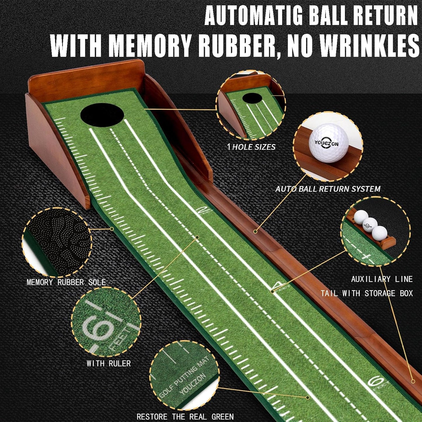 Putting Green Indoor | No Hump Golf Mat | Auto Ball Return | Easy To Fold Solid Wood Base | Luxurious Velvet Surface | Ideal For Home Office Golfers