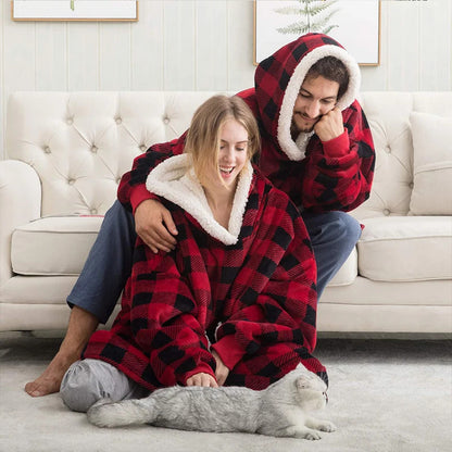 Thickened Warm Laziness Pullover Lambswool Fluffy Loungewear Cuddly Hoodie Coldproof Sleeping Robe Tv Blanket Men Women Pajamas